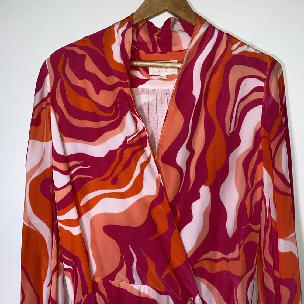 Rococo Sand Emily Wrap Dress Size L Pink Orange Long Sleeve Mini Bohemian Resort - Picture 4 of 10